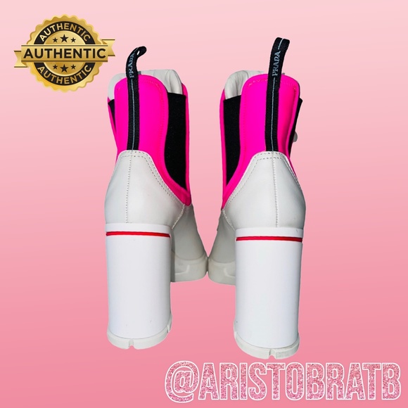 Prada Chunky White and Neon Pink Lace-up Ankle Boots - Picture 3 of 4
